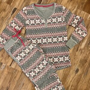 Women's  Nautica Gray Fair Isle Pajama Set Long Sleeve Top Pants Small S Warm